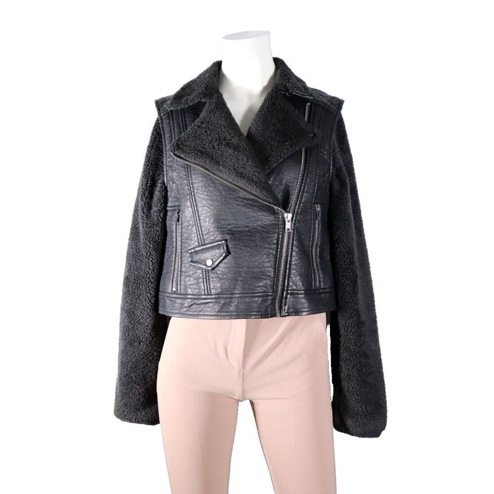 BDG Urban Outfitters Women's Medium Black Moto Jacket Teddy Sleeve Vegan Bomber